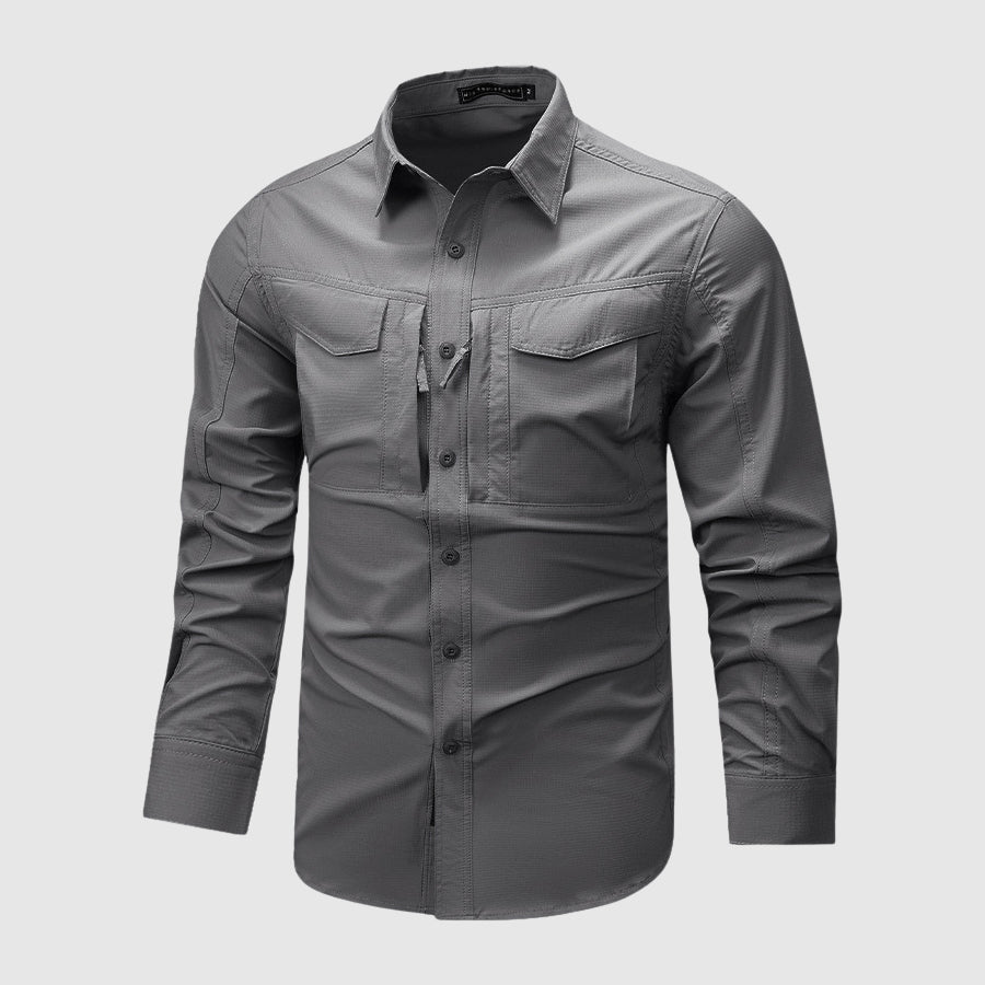 Men's khaki regular fit utility shirt with collared neckline, flap chest pockets, and roll tab sleeves