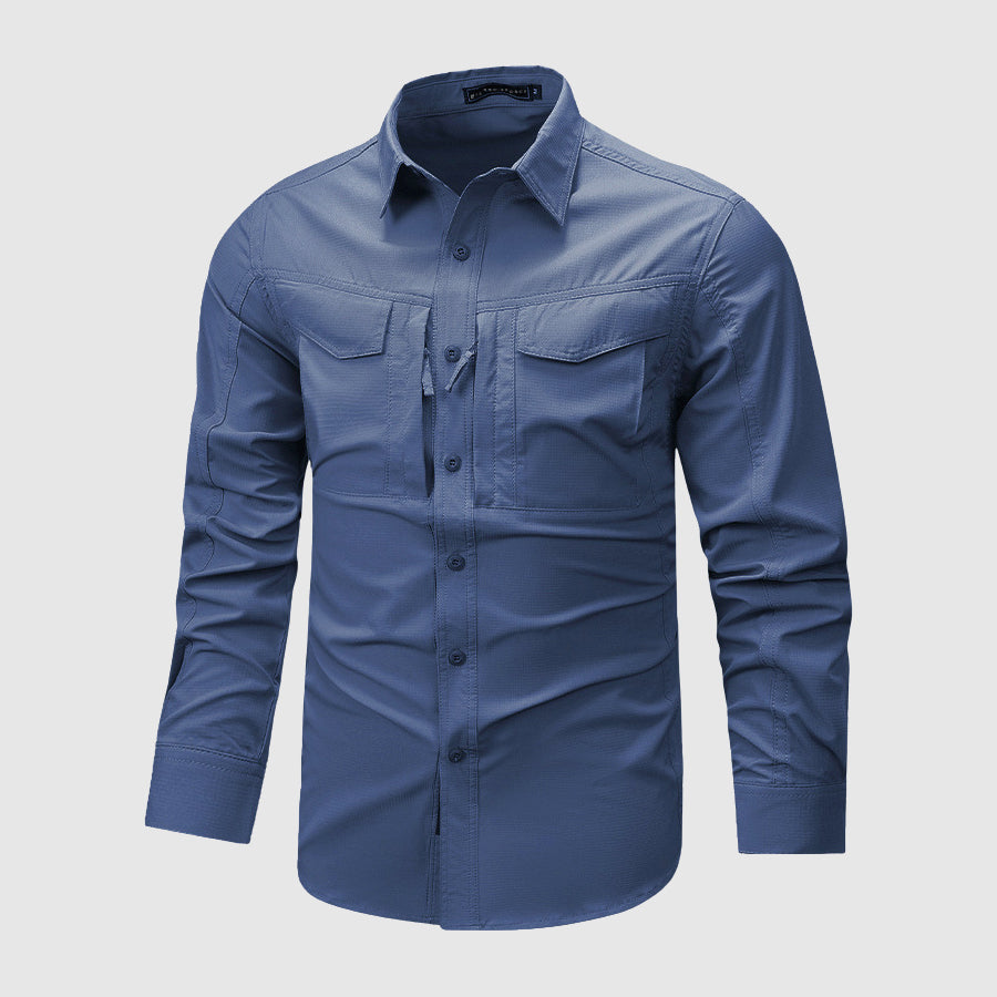 Men's olive utility shirt regular fit collared long-sleeve with flap chest pockets and roll-tab sleeves