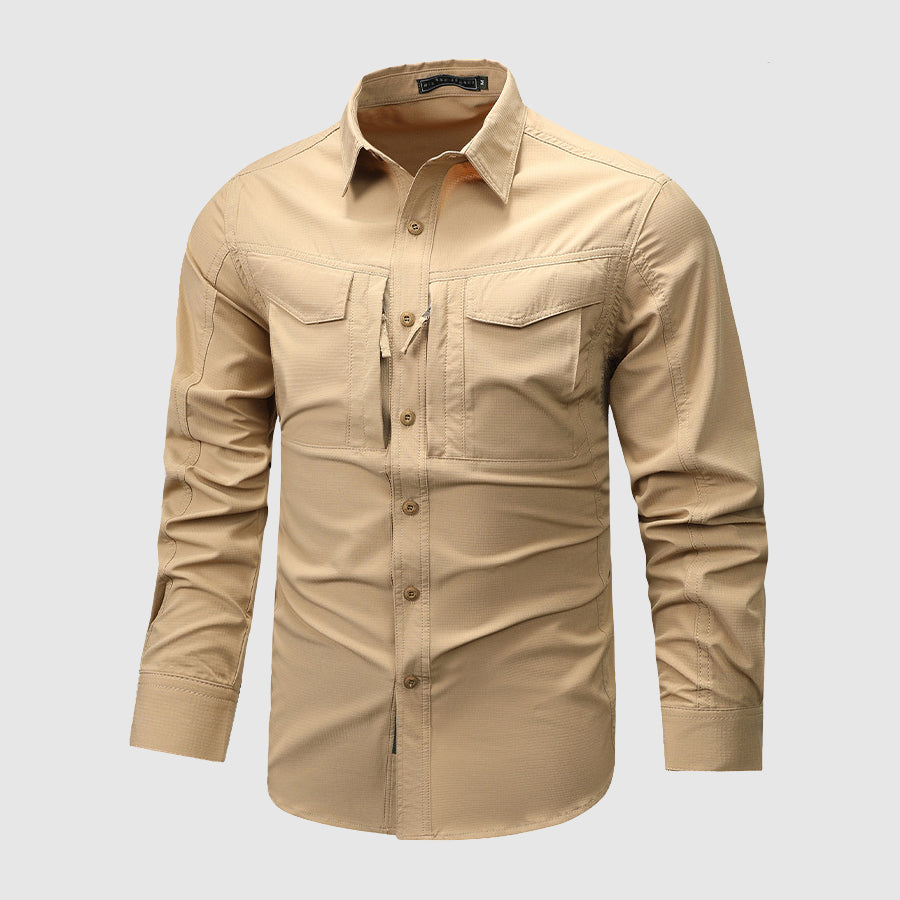 Men's khaki regular fit utility shirt with collared neckline, flap chest pockets, and roll tab sleeves