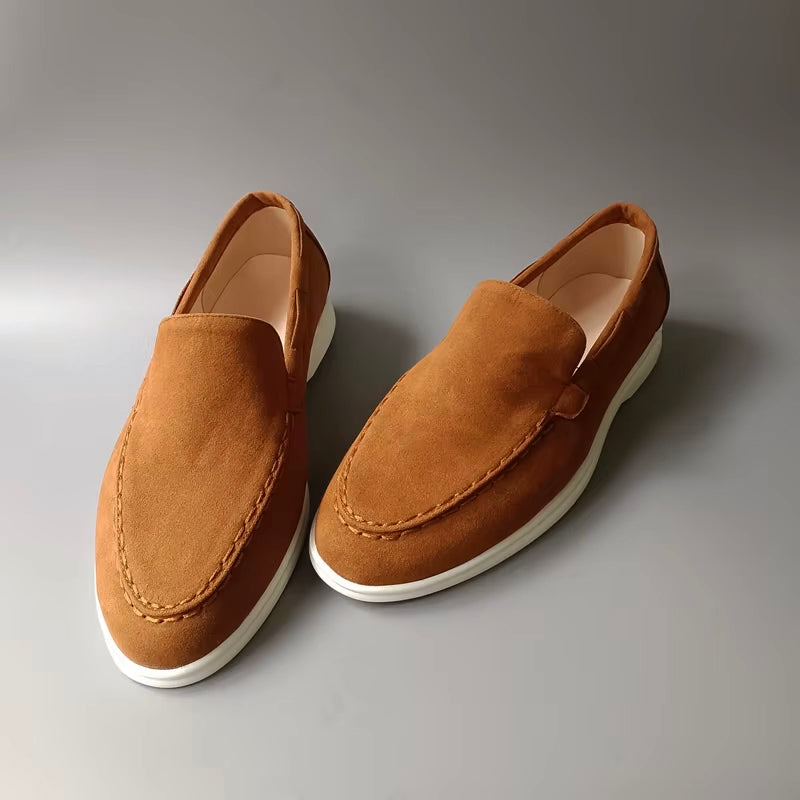 Lorenzo Vitali Rieti men's faux suede loafers in neutral tones with handstitched detailing