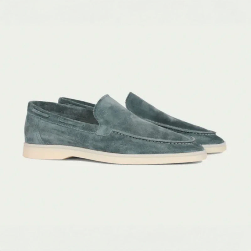 Men's tan suede slip-on moc toe loafers with rubber sole and classic stitching streamlined fit