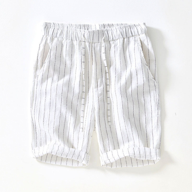 Lorenzo Vitali Riva men's linen shorts, elastic waistband drawstring, above-knee structured fit