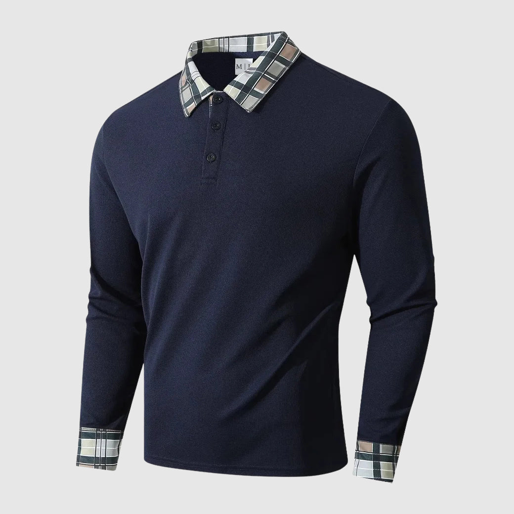 Men's regular fit polo shirt with plaid trim collar, button front, and ribbed texture in casual style