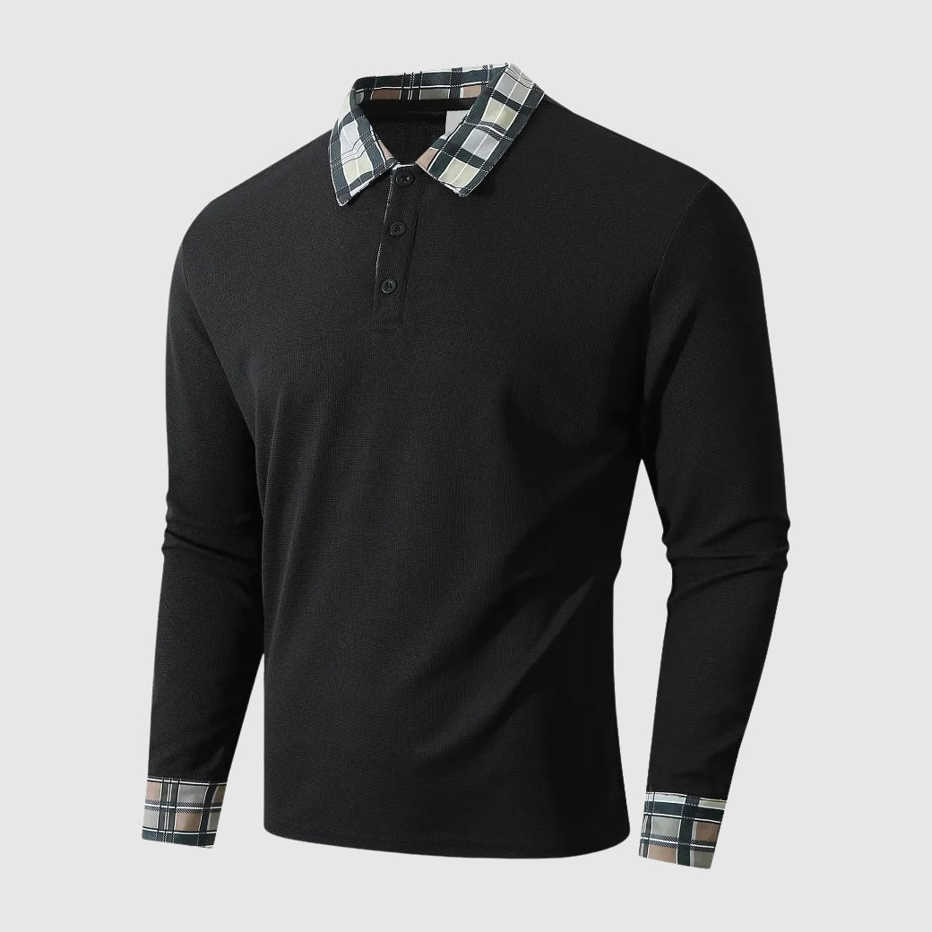 Men's regular fit polo shirt with plaid trim collar, button front, and ribbed texture in classic style