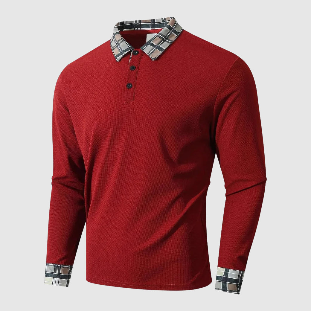 Men's regular fit polo shirt with plaid trim collar, button front, and ribbed texture in casual style
