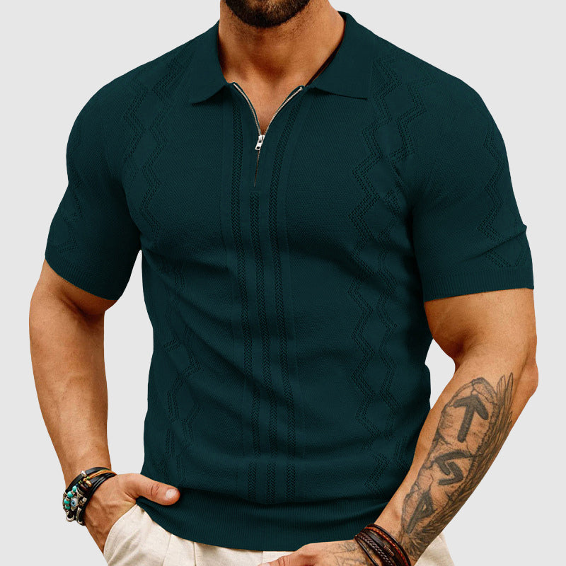 Lorenzo Vitali men's wool blend polo shirt with perforated texture and zipper collar in sleek silhouette