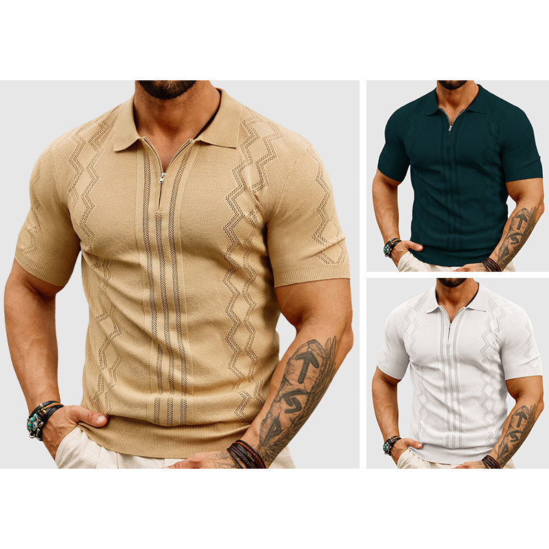 Lorenzo Vitali men's wool blend polo shirt with perforated texture and zipper collar in sleek neutral tone