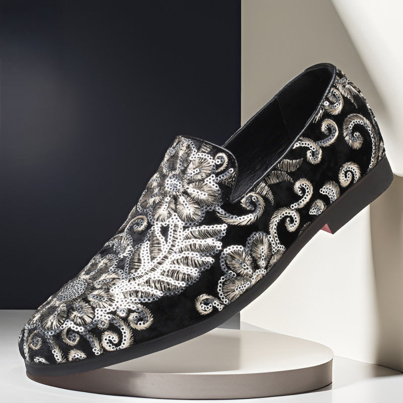 Lorenzo Vitali women's slip-on loafers black velvet floral embroidery metallic thread luxury statement shoes