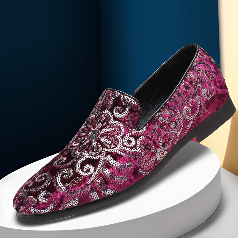 Lorenzo Vitali slip-on loafers velvet floral embroidery metallic thread women luxury statement shoes