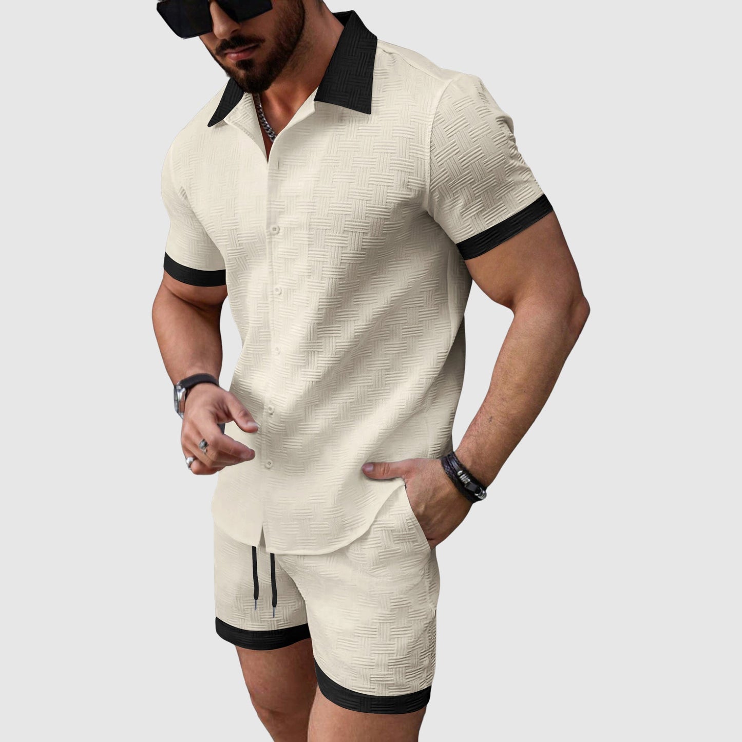 Lorenzo Vitali men's beige cotton blend short-sleeve shirt and relaxed shorts leisure set