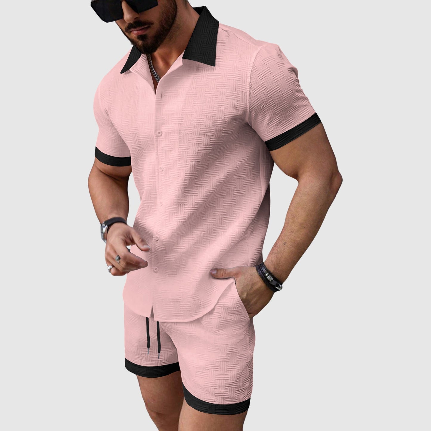 Lorenzo Vitali men's blue cotton blend sport leisure set short-sleeve shirt and relaxed shorts