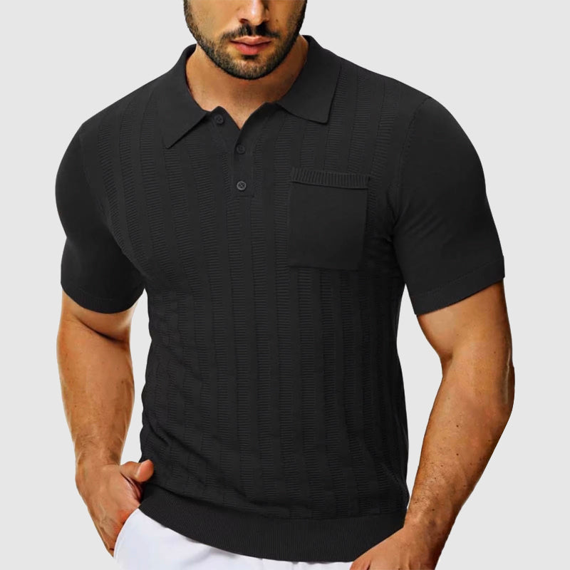 Men's slim-fit textured knit polo shirt with classic collar, chest pocket, and vertical ribbing