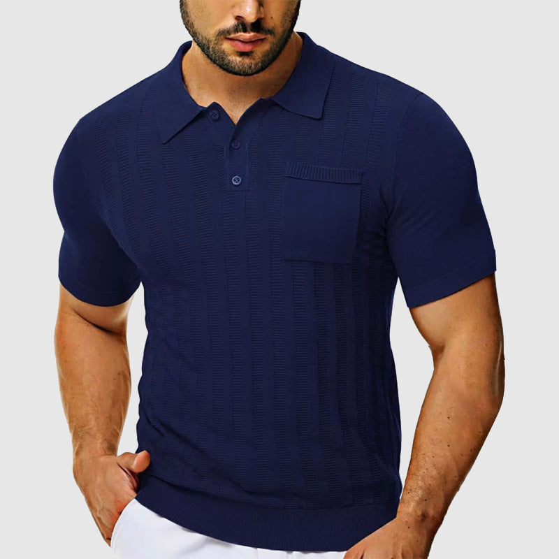 Men's slim-fit textured knit polo shirt in classic neutral tone with ribbed collar and chest pocket