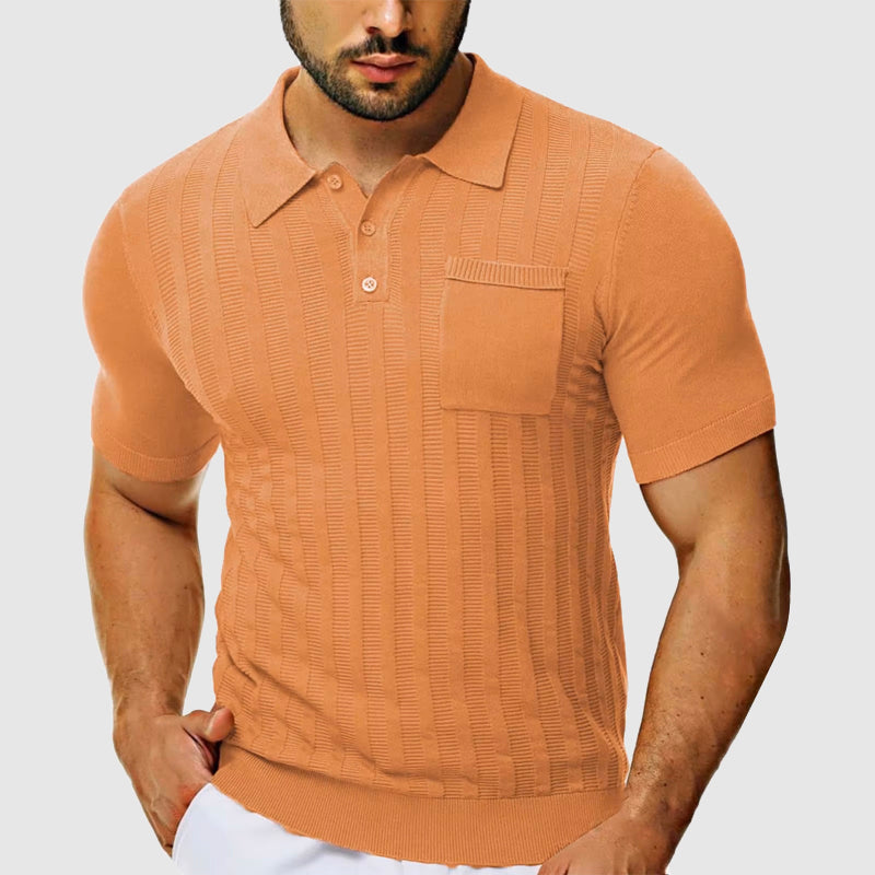 Men's slim-fit textured knit polo shirt with classic collar, chest pocket, and vertical ribbing