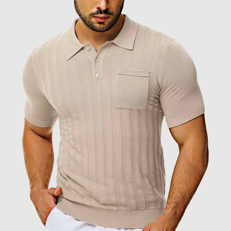 Men's slim-fit navy textured knit polo shirt with classic collar and chest pocket by Lorenzo Vitali