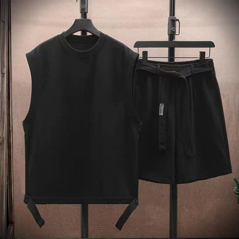 Men's black sleeveless shirt and shorts matching lounge set, lightweight minimalist summer streetwear