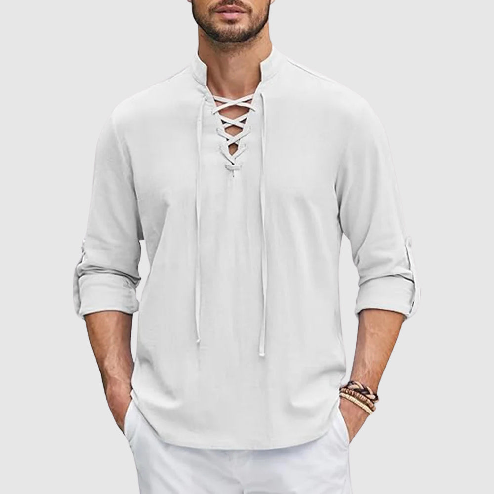 Lorenzo Vitali Valor men's linen blend V-neck shirt with roll-up sleeves breathable timeless style