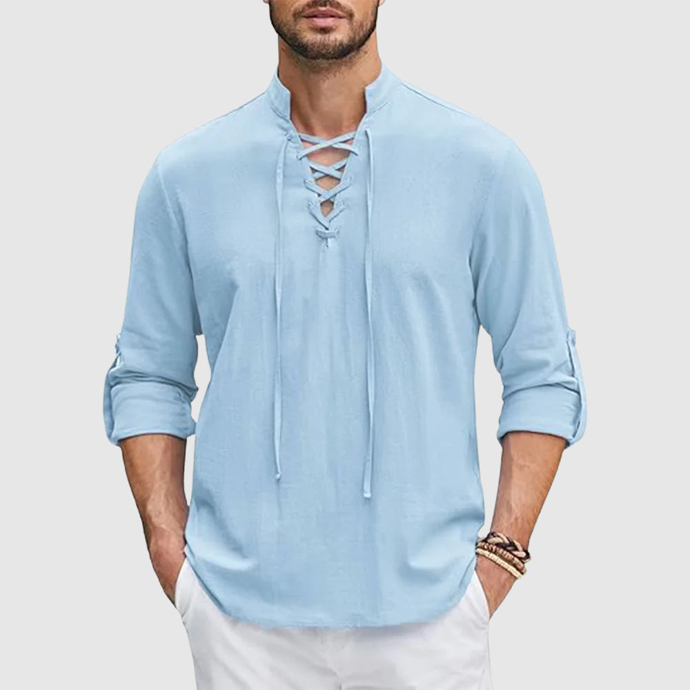 Lorenzo Vitali Valor men's linen blend V-neck shirt with roll-up sleeves, breathable timeless style