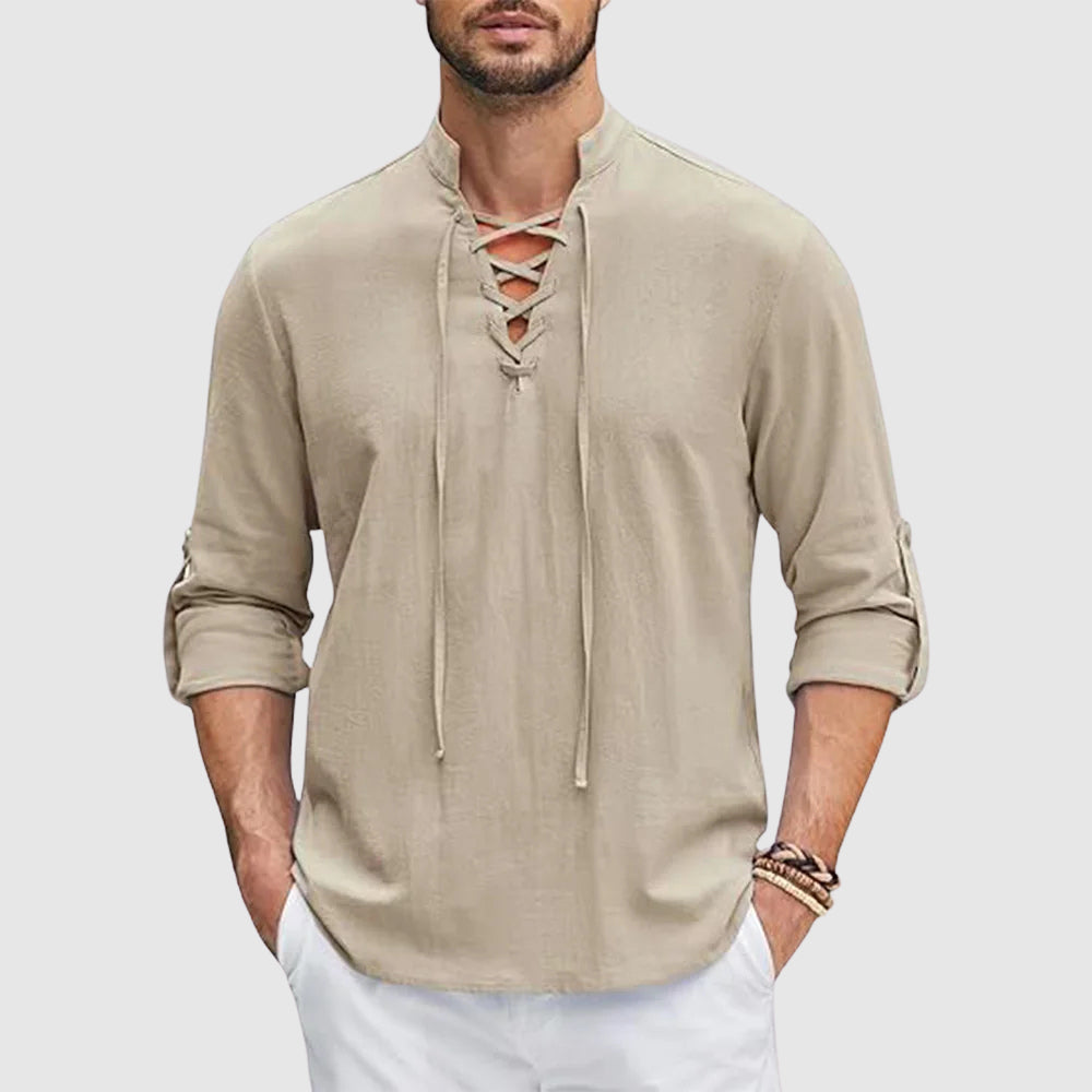 Lorenzo Vitali Valor men's linen shirt, V-neck, roll-up sleeves, breathable cotton-linen blend