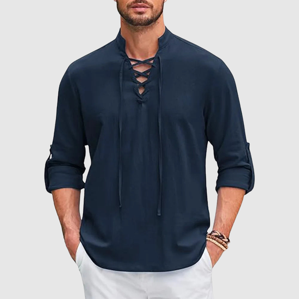 Lorenzo Vitali Valor men's linen blend V-neck shirt with roll-up sleeves breathable timeless style