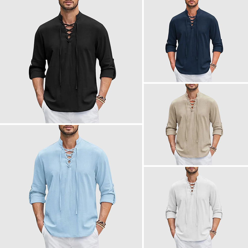 Lorenzo Vitali Valor men's linen blend V-neck shirt with rollable sleeves in timeless relaxed style