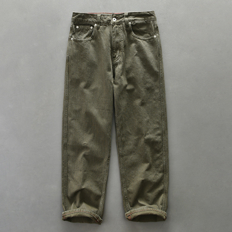 Lorenzo Vitali straight leg jeans in vintage denim with rugged workwear structure and premium cotton build