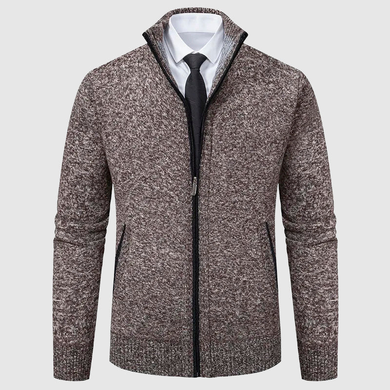 Men's vintage brown zip-front cardigan plush knit smart casual warm winter style