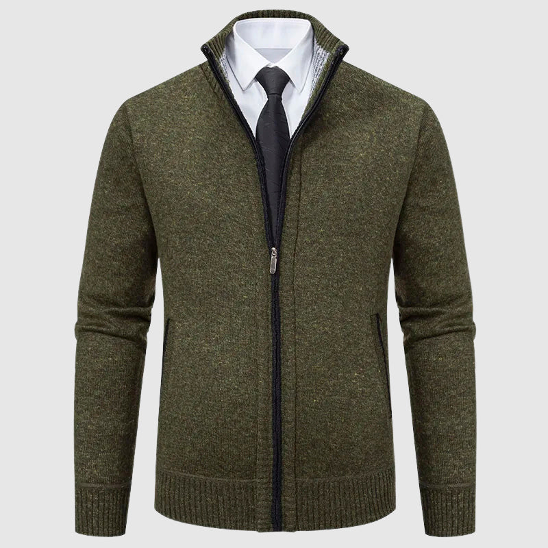 Men's vintage brown plush knit zip-front cardigan with timeless smart casual silhouette