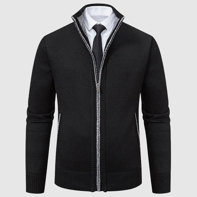 Men's vintage brown zip-front cardigan plush knit smart casual warm timeless silhouette