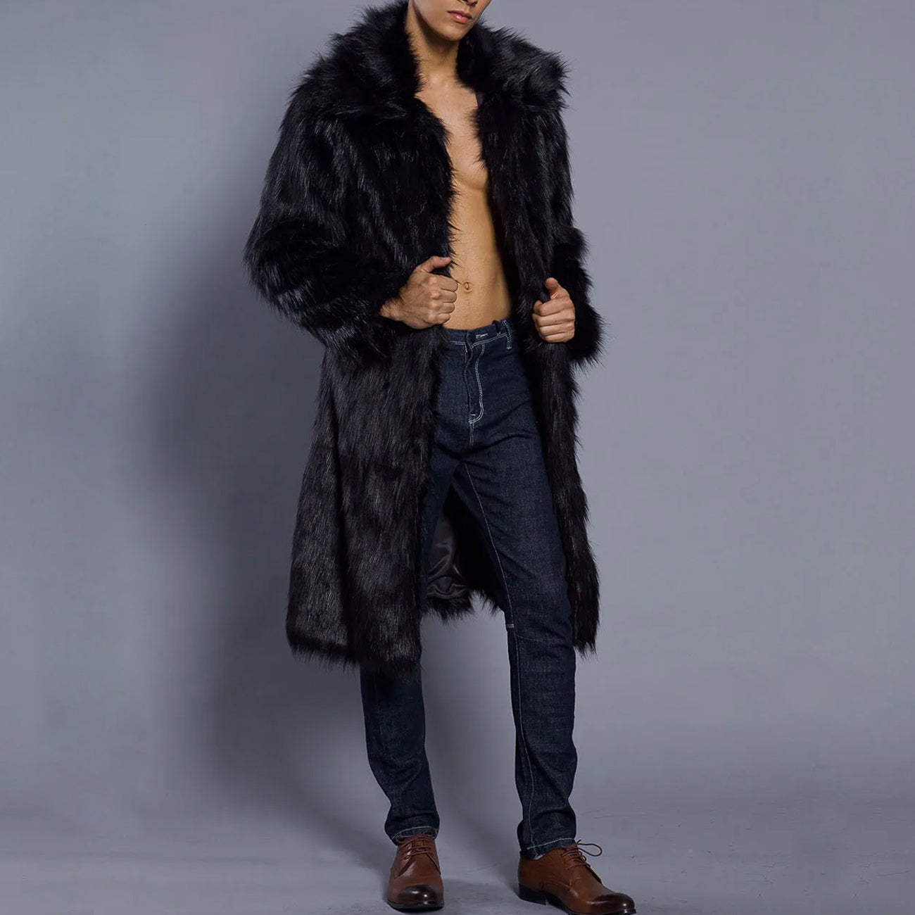 Lorenzo Vitali full-length faux fur coat with dramatic shawl collar, luxurious winter style for women