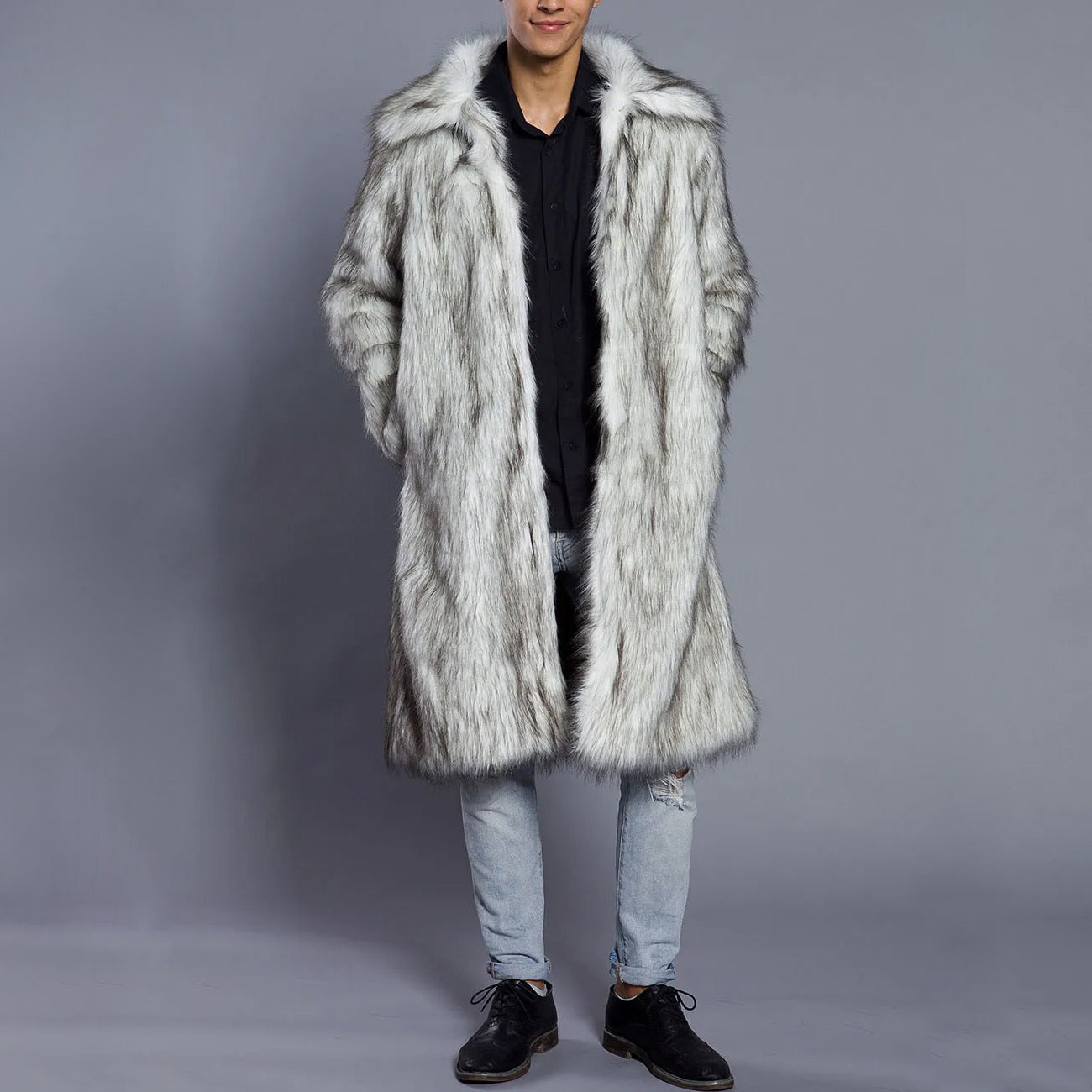 Lorenzo Vitali full-length faux-fur coat with dramatic shawl collar, opulent winter style for women
