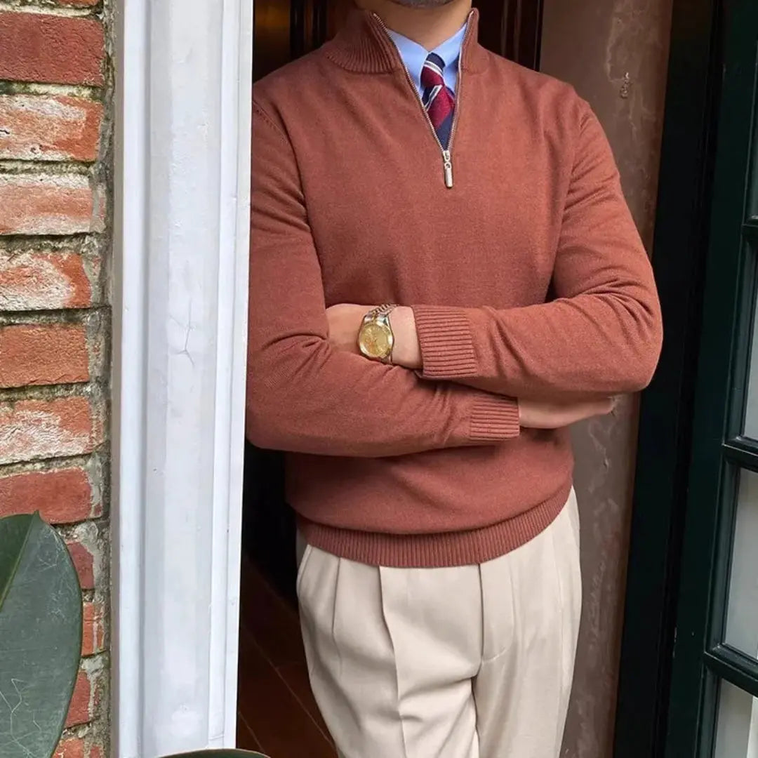 Men's navy merino wool half-zip sweater with breathable knit and classic Lorenzo slim fit