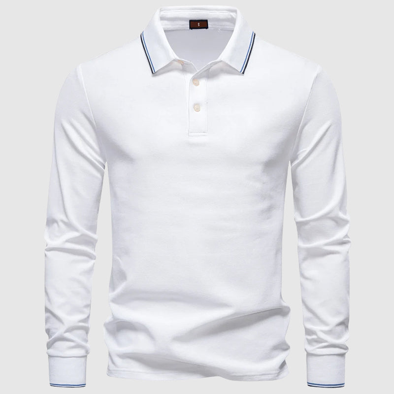 Men's navy regular fit long sleeve polo shirt with striped collar and cuffs, button-front placket
