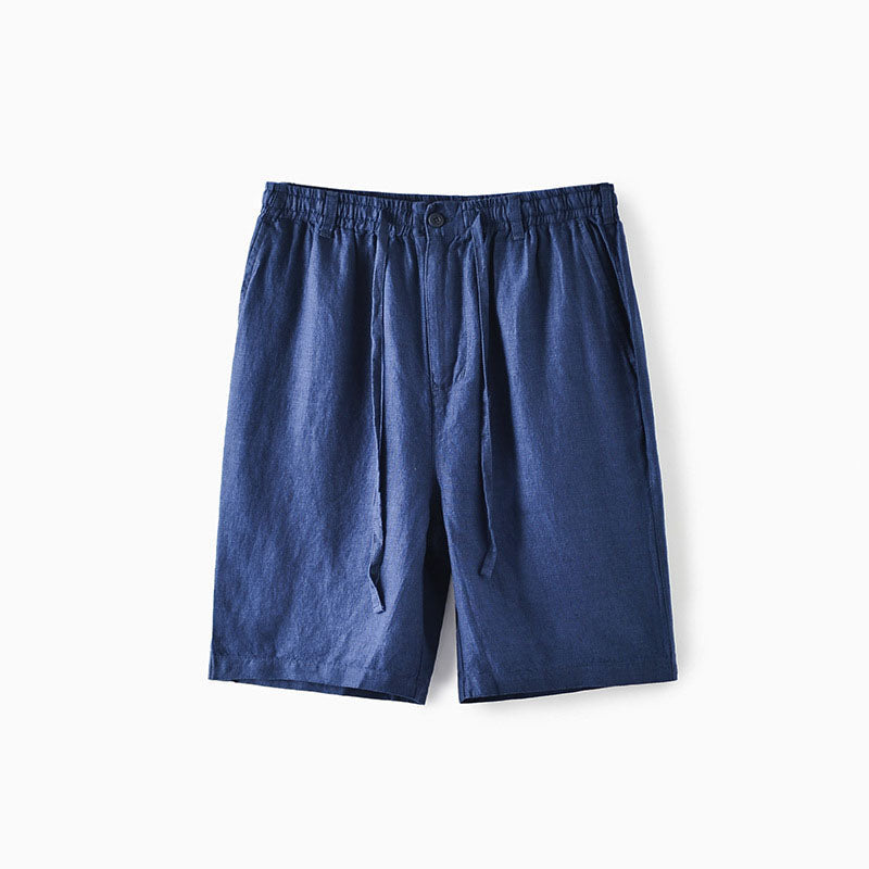 Men's beige linen blend shorts relaxed fit mid-thigh cut elastic drawstring waist side pockets