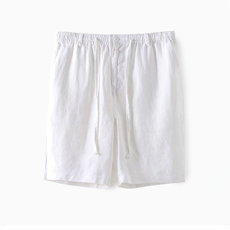 Men's linen blend shorts relaxed fit mid-thigh cut with elastic waist drawstring and side pockets