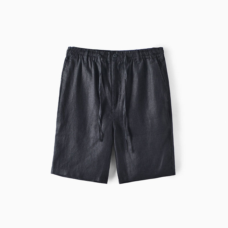 Men's linen blend shorts relaxed fit mid-thigh cut with elastic waist drawstring and side pockets