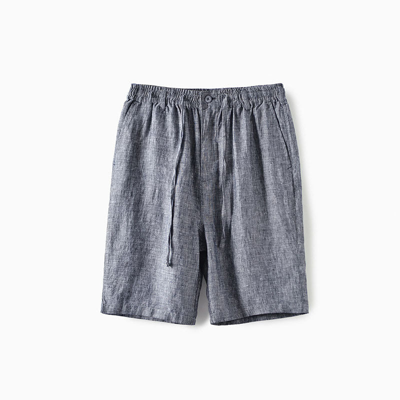 Men's beige linen blend shorts relaxed fit mid-thigh cut with elastic drawstring waist and side pockets
