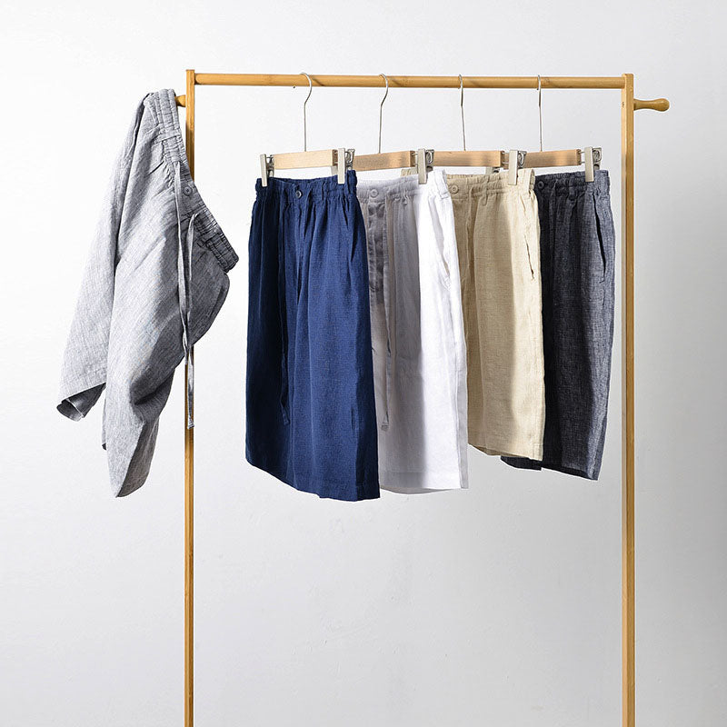 Men's beige linen blend shorts relaxed fit mid-thigh cut with elastic drawstring waist and side pockets