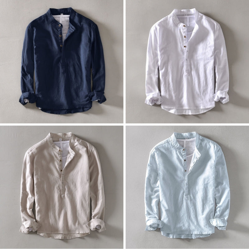 Lorenzo Vitali Orvino men's linen-cotton blend band collar shirt breathable smart-casual style