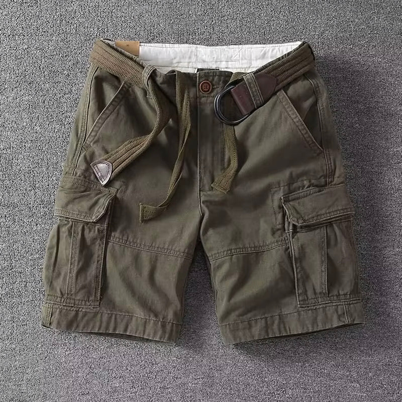 Lorenzo Vitali Palermo olive cargo shorts relaxed fit cotton blend with leather-like detailing and ample pockets