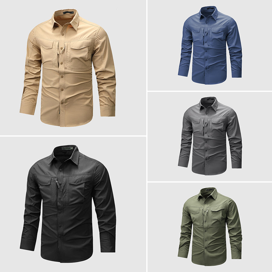 Men's olive green long-sleeve utility shirt with multi-pocket design for outdoor adventure