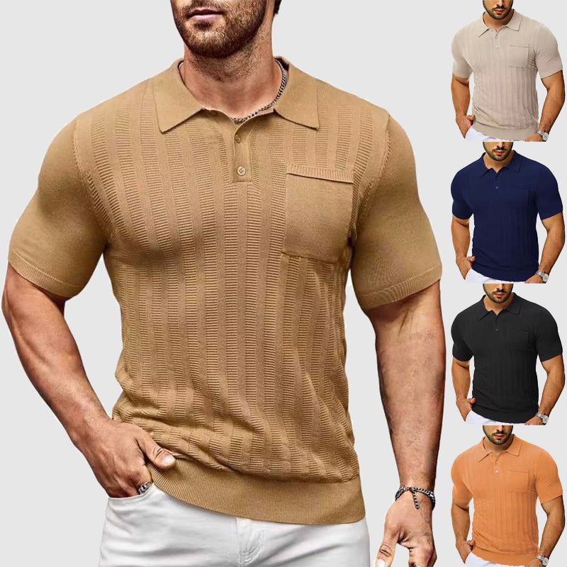 Men's slim-fit navy textured knit polo shirt with classic collar and chest pocket by Lorenzo Vitali