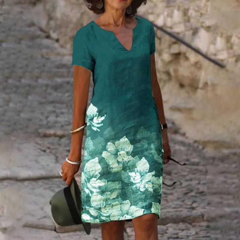 Women's relaxed V-neck floral print summer dress with breathable fabric for effortless casual comfort