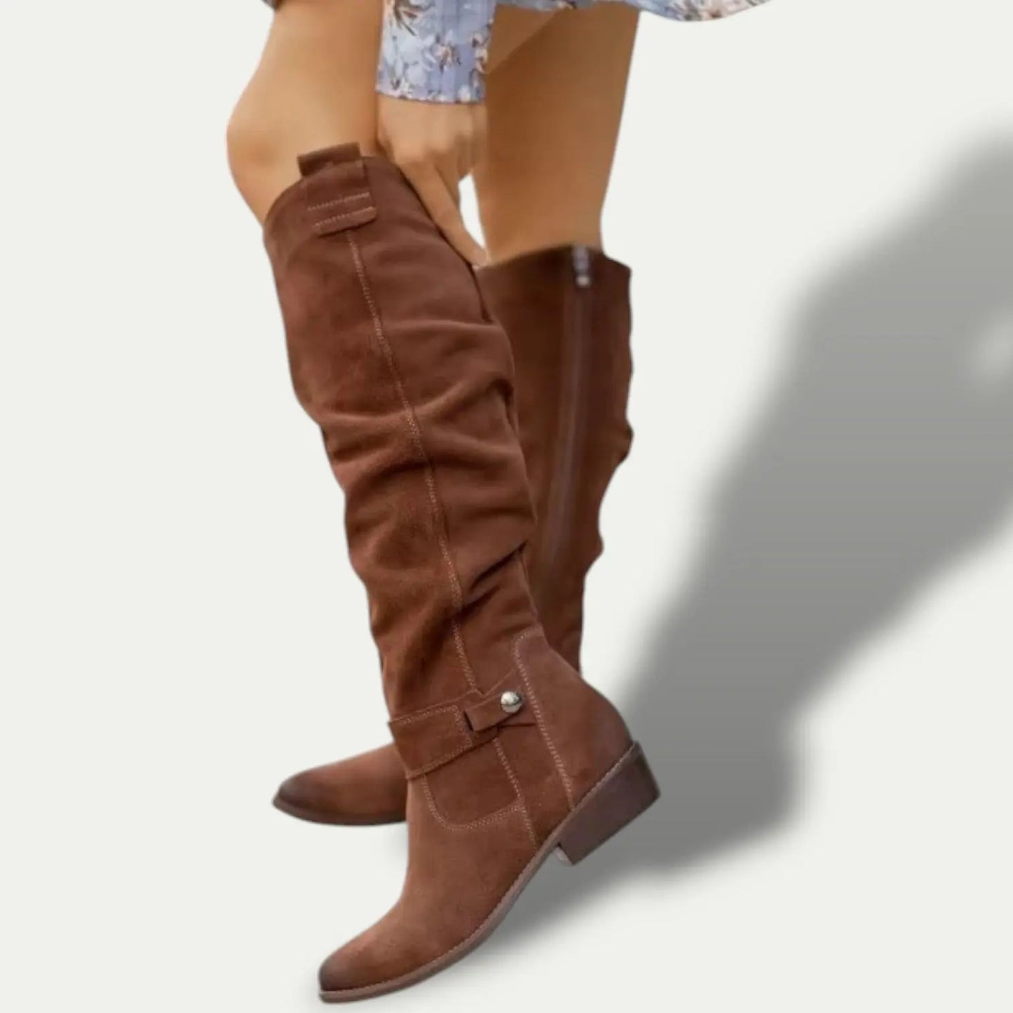 Women low heel suede cowboy boots with side zipper, anti-slip sole, everyday Western style