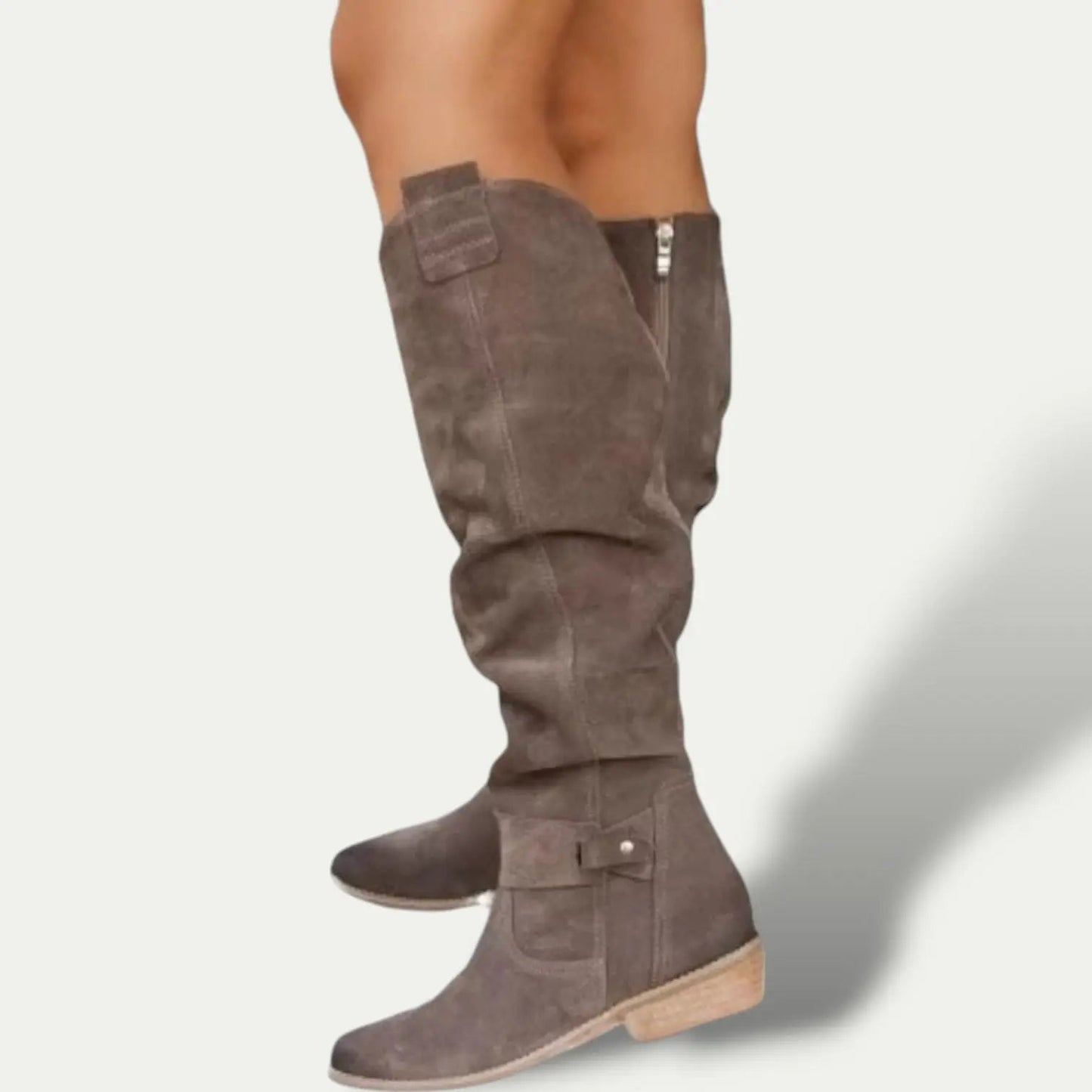 Women low heel suede cowboy boots with side zipper, anti-slip sole, everyday western style