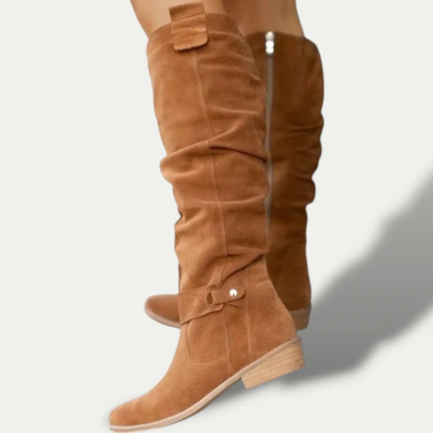Women low heel suede cowboy boots with side zipper, anti-slip sole, everyday western style