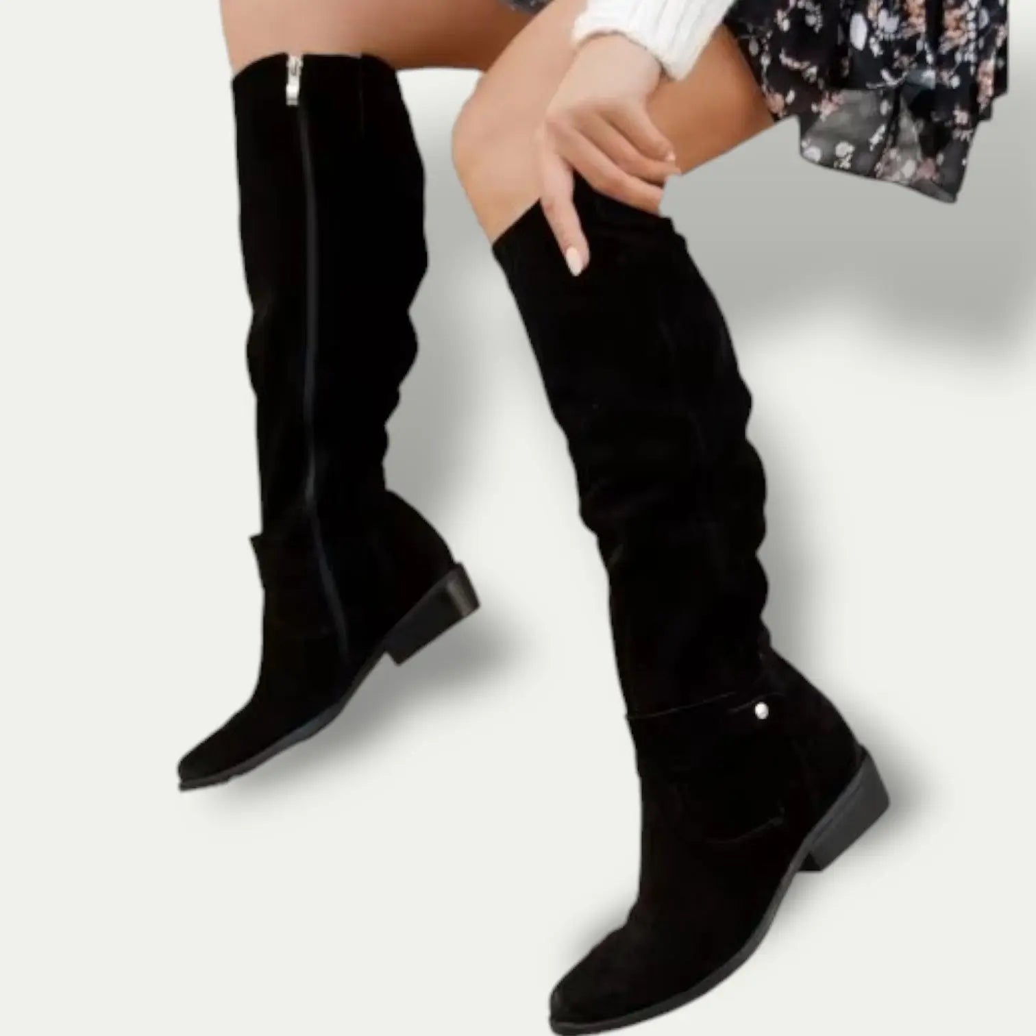 Women low heel suede cowboy boots with side zipper, anti-slip sole, everyday western style