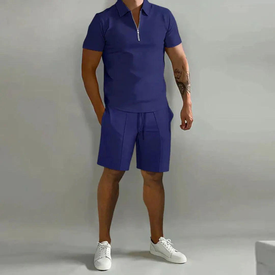 Men's beige zip polo short set lightweight breathable two-piece matching summer beach outfit