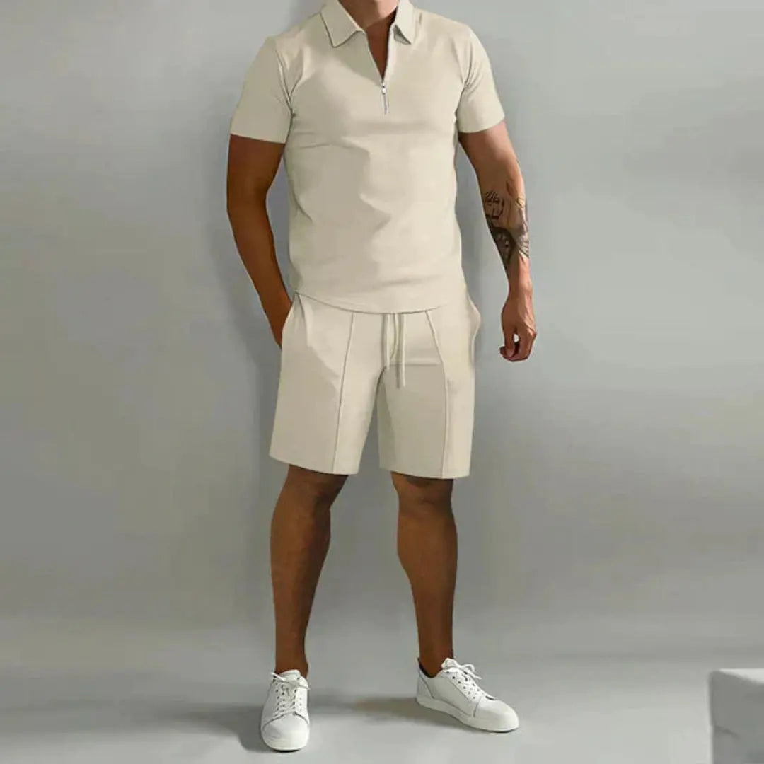 Men's beige zip polo and short set, relaxed summer two-piece with breathable fabric and zip placket