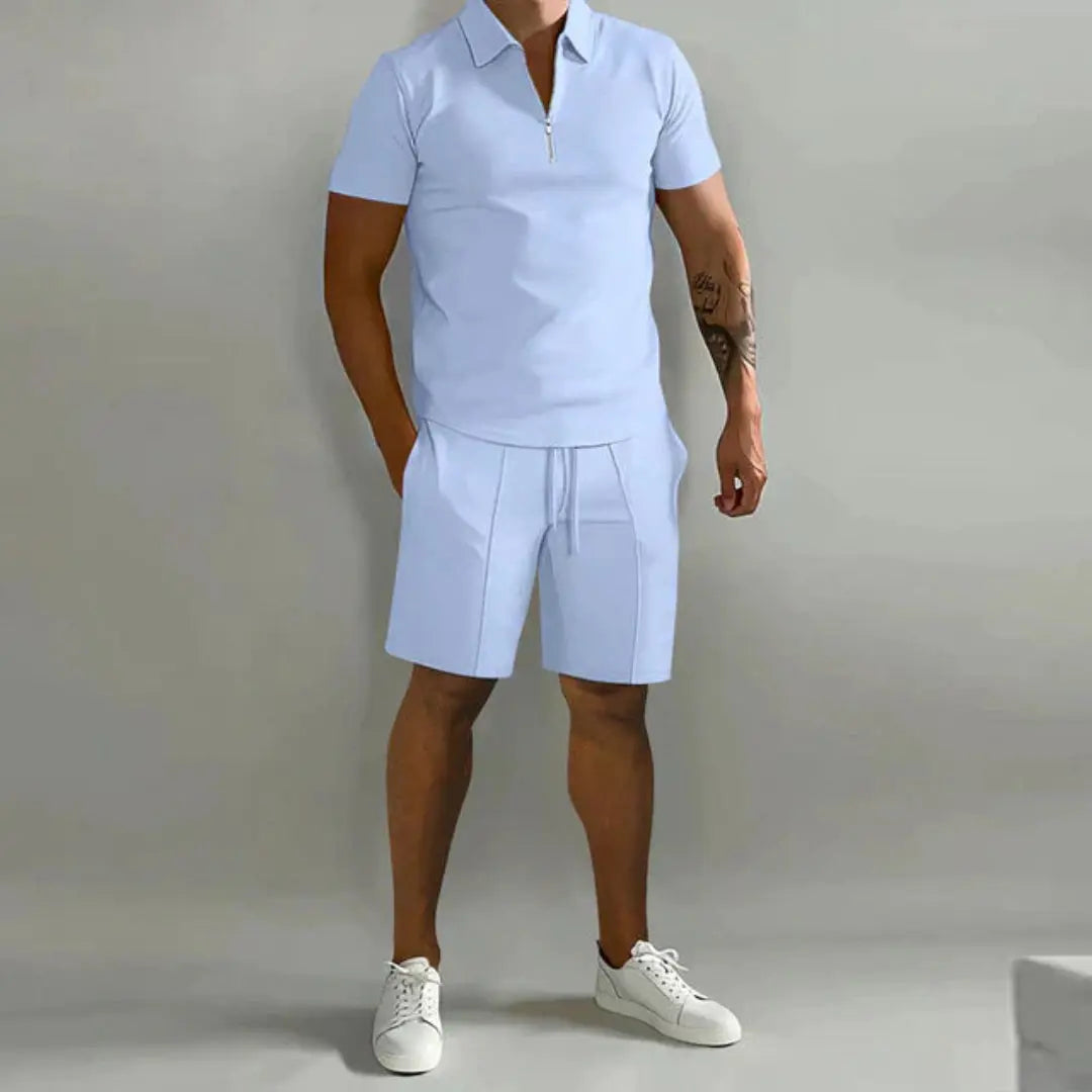 Men's beige zip polo and short set, breathable two-piece summer matching loungewear